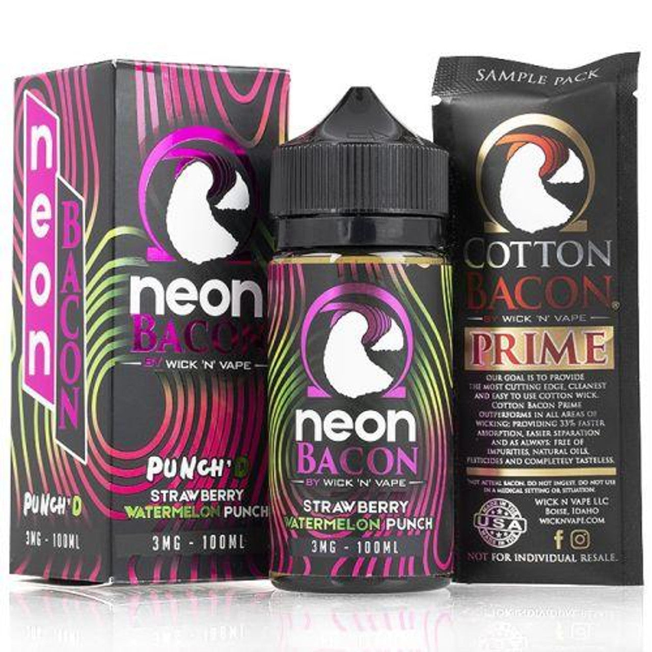 Wick N Vape -Neon Bacon Strawberry Watermelon Punch 3MG/100ML